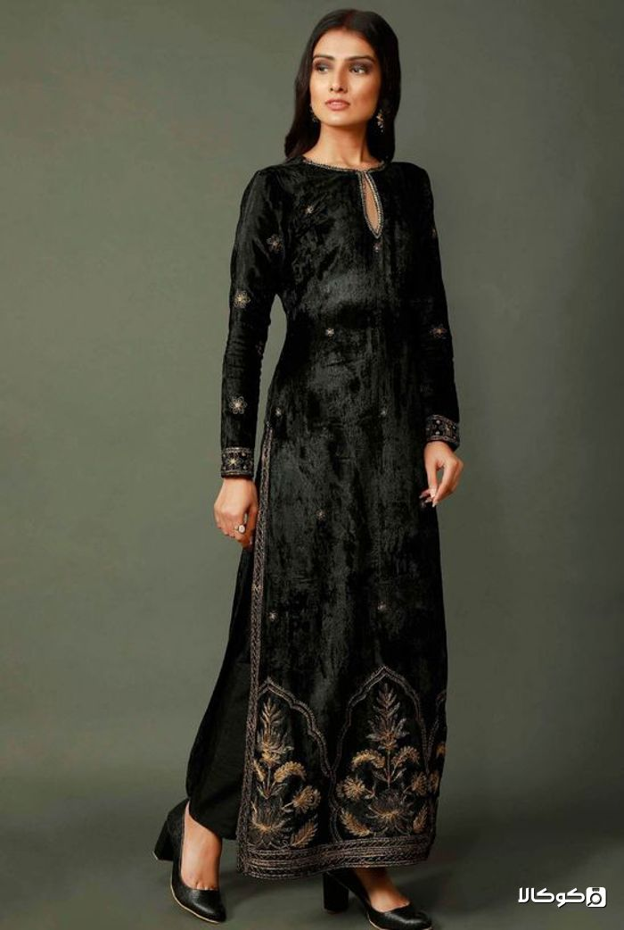 مدل لباس مجلسی مخمل زنانه مشکی بلند 