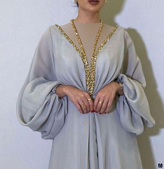 لباس عربی طرح دار زنانه با نوار طلائی