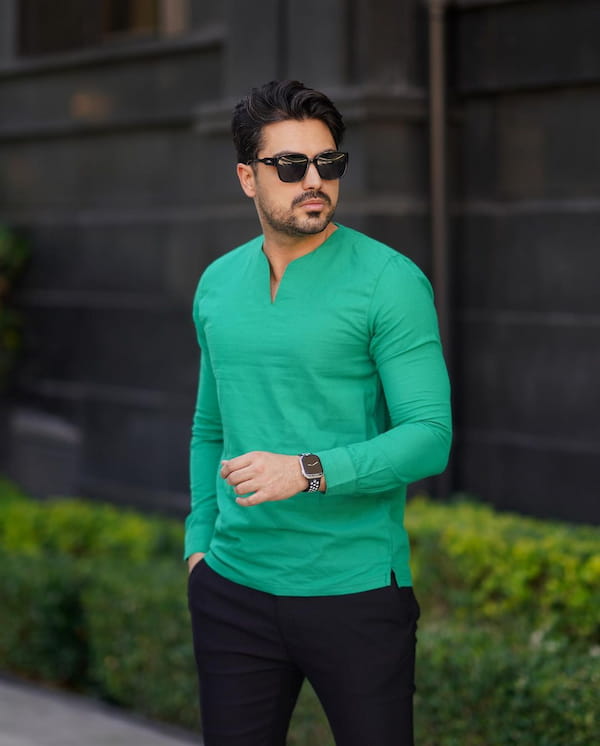 عکس-پیراهن آستین بلند مردانه پارچه ای تک رنگ
