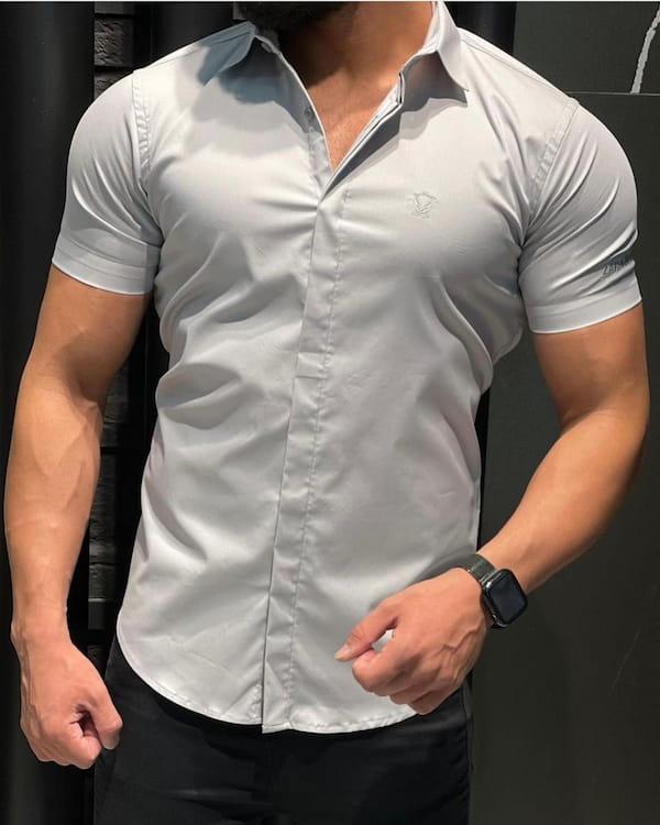 عکس-پیراهن آستین کوتاه مردانه کتان تک رنگ