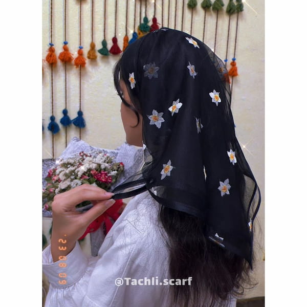عکس-مینی اسکارف گلدوزی زنانه تور مشکی