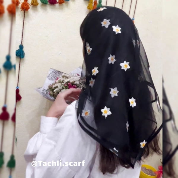 عکس-مینی اسکارف گلدوزی زنانه تور مشکی