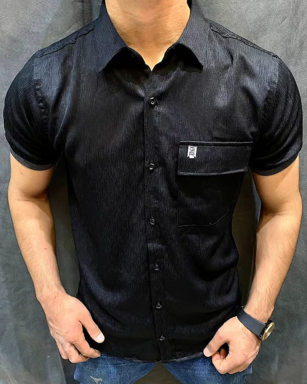 عکس-پیراهن آستین کوتاه مردانه بافت تک رنگ