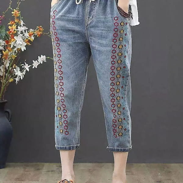 عکس-شلوار جین زنانه گلدوزی تک رنگ