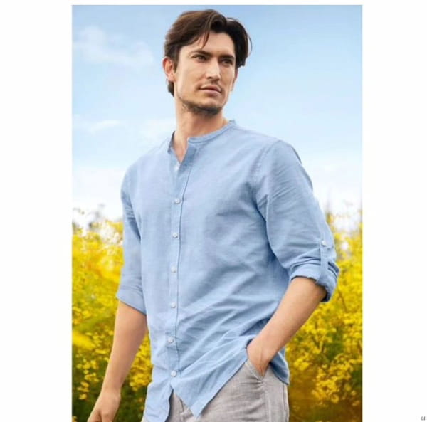 عکس-پیراهن آستین بلند لینن مردانه لیورجی آبی روشن