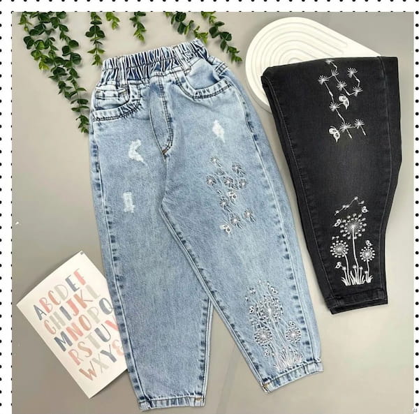 عکس-شلوار جین بچگانه گلدوزی آبی