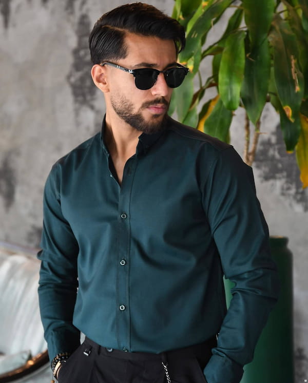 عکس-پیراهن مردانه پوپلین سبز کله غازی