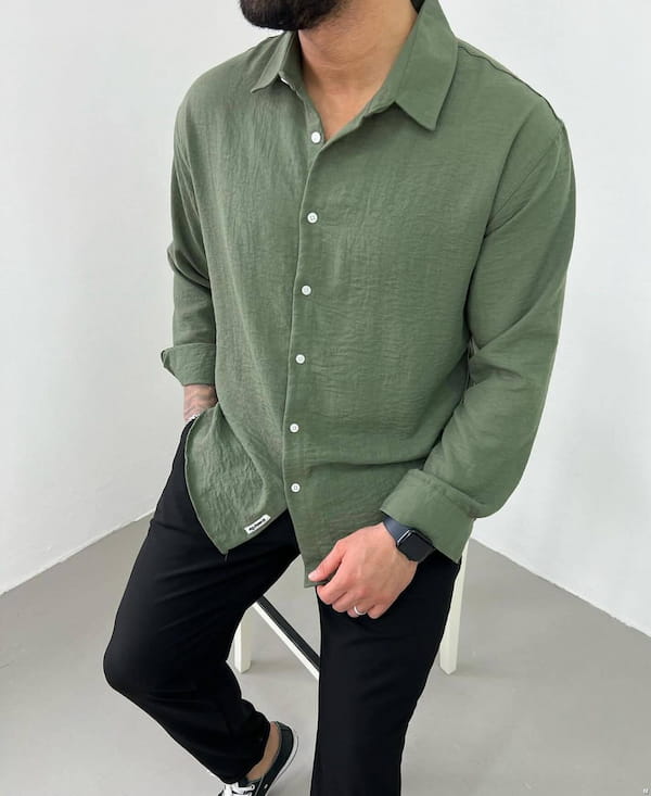 عکس-پیراهن مردانه لینن سبز