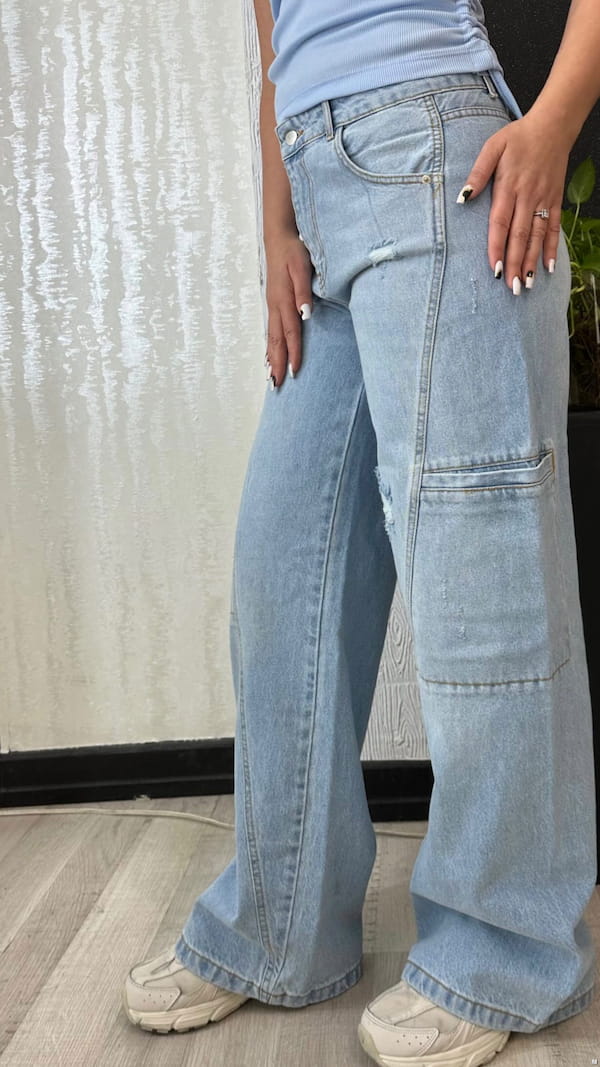 عکس-شلوار جین زنانه کارگو تک رنگ