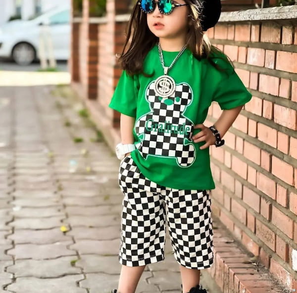 عکس-تیشرت شطرنجی بچگانه نخ پنبه تک رنگ